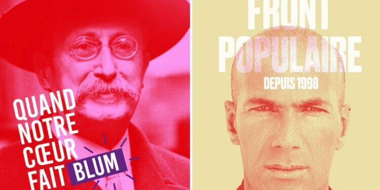 Les affiches “Quand notre cœur fait Blum” et “Front populaire, depuis 1998” de 24×36.art, 2024