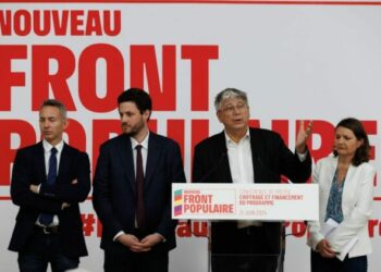 Ian Brossat (PCF), Alexandre Ouizille (Parti socialiste) Eric Coquerel (LFI), Eva Sas (Ecologistes), ce vendredi lors de la présentation du coût du programme du Nouveau Front populaire.