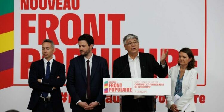 Ian Brossat (PCF), Alexandre Ouizille (Parti socialiste) Eric Coquerel (LFI), Eva Sas (Ecologistes), ce vendredi lors de la présentation du coût du programme du Nouveau Front populaire.