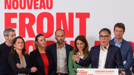 Les responsables de la gauche ont détaillé le programme du Nouveau Front populaire pour les élections législatives, vendredi 14 juin. (JULIEN MATTIA / LE PICTORIUM / MAXPPP)