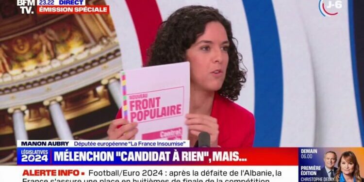 en cas de victoire du Nouveau Front populaire, "il y aura des ministres du PS, des ministres d'EELV, des ministres de LFI et des ministres du Parti communiste", affirme Manon Aubry (LFI)