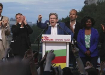 Prise de parole de Jean-Luc Mélenchon, juste après l'annonce des résultats du second tour des élections législatives de juillet 2024.