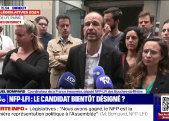 "En fin d'après-midi, nous nous réunirons avec les différentes formations du Nouveau Front populaire", indique Manuel Bompard au sujet du choix d'un candidat du Nouveau Front populaire pour Matignon Voir plus Voir moins