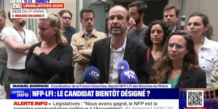 "En fin d'après-midi, nous nous réunirons avec les différentes formations du Nouveau Front populaire", indique Manuel Bompard au sujet du choix d'un candidat du Nouveau Front populaire pour Matignon Voir plus Voir moins