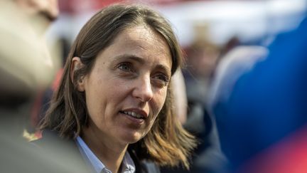 Sophie Binet, secrétaire générale de la CGT, à la centrale de Cordemais (Loire-Atlantique), le 17 avril 2024. (OLIVIER LANRIVAIN / MAXPPP)