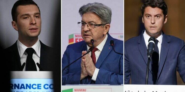 Jordan Bardella, Jean-Luc Mélenchon et Gabriel Attal dimanche soir.