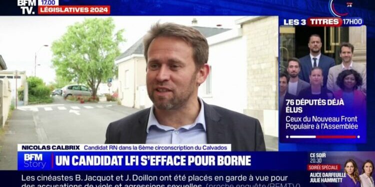 Nicolas Calbrix, candidat RN dans le Calvados, réagit au désistement du candidat NFP-LFI au profit d'Élisabeth Borne, candidate "Renaissance"